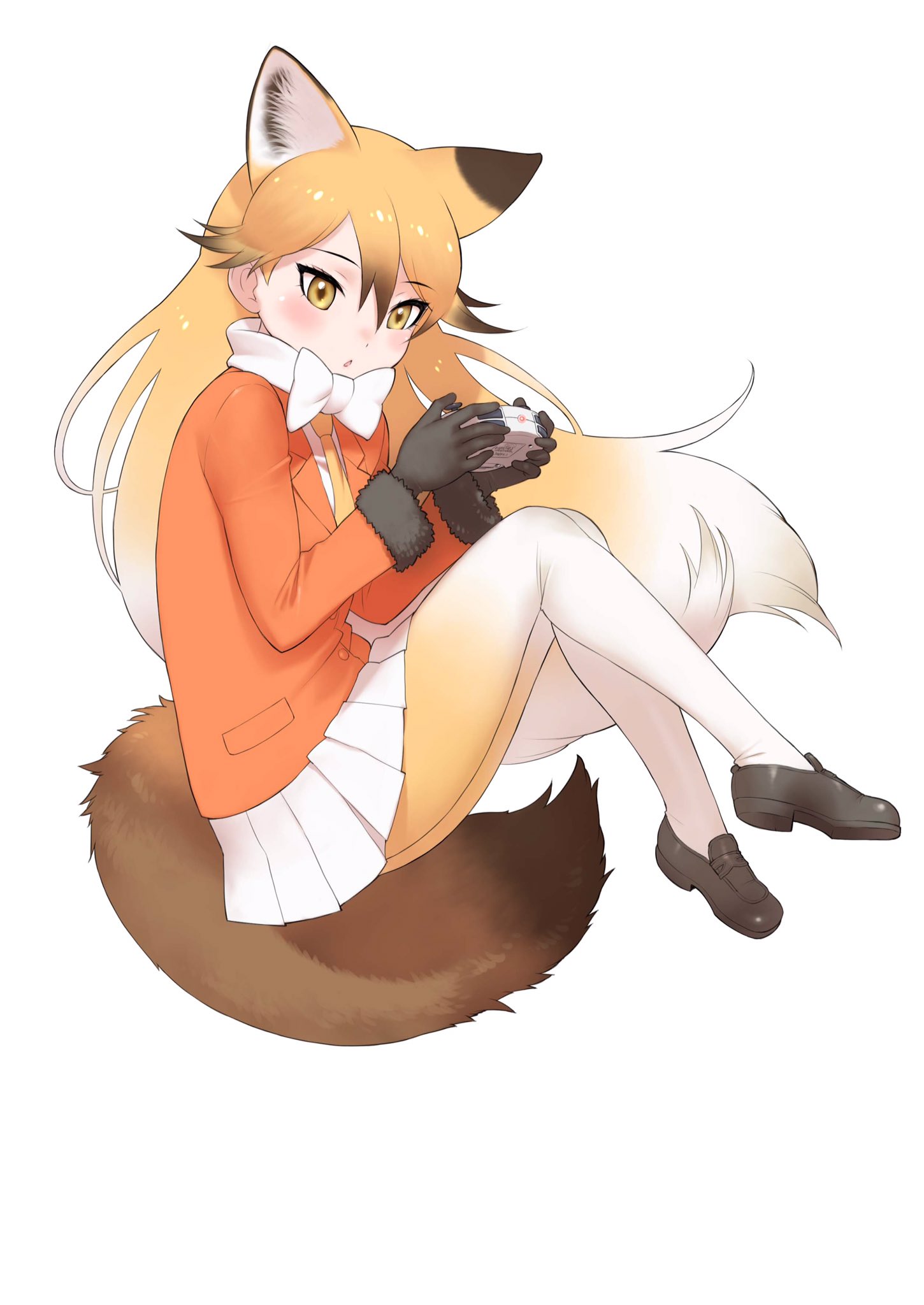 A Mine Yoshizaki illustration of Ezo Red Fox playing a video game. Created for use in a WIXOSS trading card as part of a collaboration with the franchise. Posted to Twitter by the Kemono Friends official Twitter account.