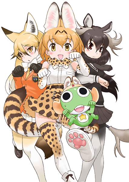 Official art by Mine Yoshizaki featuring Serval, Ezo Red Fox, Moose, with Keroro.