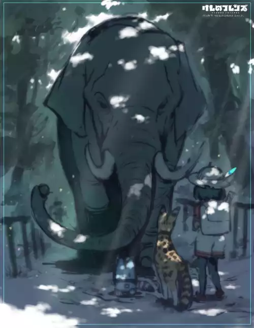Art by Mine Yoshizaki featuring Kaban, Boss and animal versions of Indian Elephant and Serval.